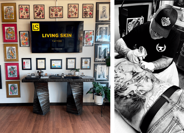 Tattoo studio interior and artist at work.